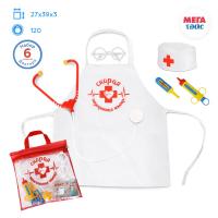 Mega Toys. Набор Доктор арт.МТ0303 (6 пр.:фартук,шапка,очки,градусник,шприц,стетоскоп)  в сумочке