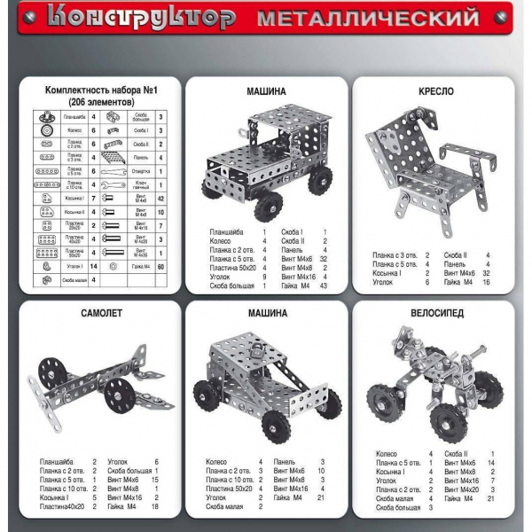 Конструктор металлический №1 206 элементов