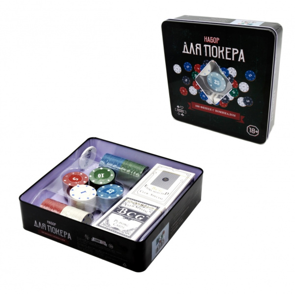 Фабрика Покера: Набор из 100 фишек с номиналом для покера в жестяной коробке